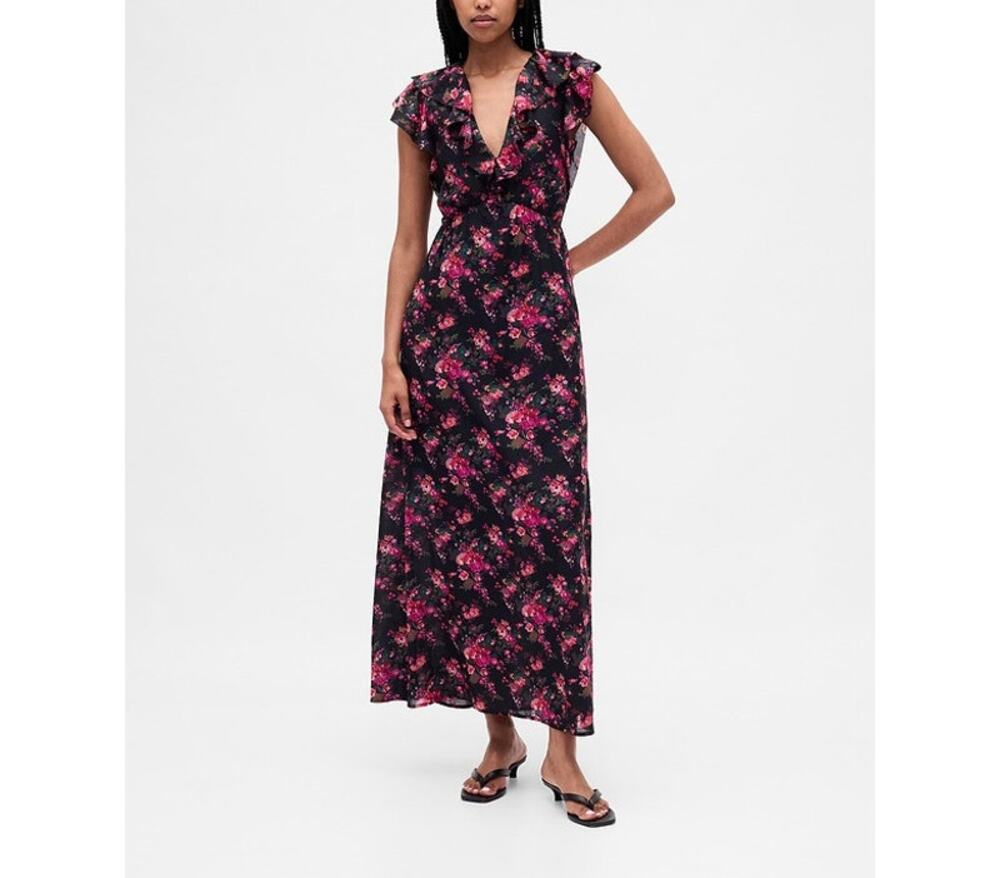 Gap Ruffle V-Neck Dark Floral Maxi Dress Large Petite Black Pink Fall Wedding